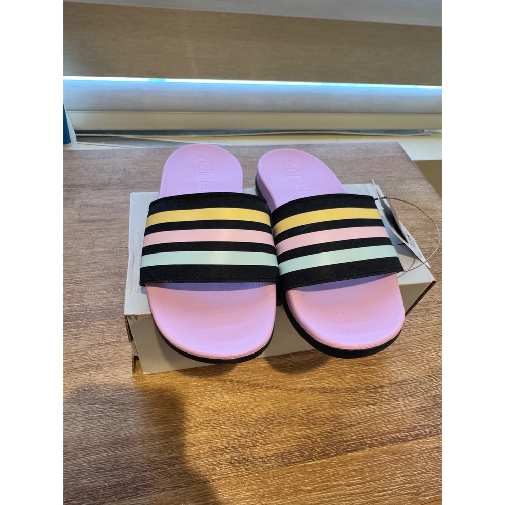 Kids‎ Adidas Adilette Shower Slides Purple Pink Yellow Black Stripe Size 11K - Picture 3 of 4